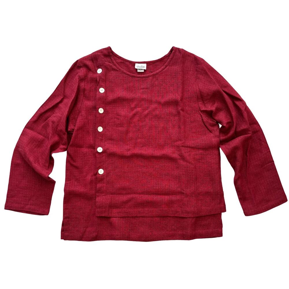 NEW TOOFAN 100% Linen Asymmetric Button Layered Tunic in Maroon  SZ XL